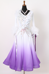 社交ダンスドレス　ホワイト×パープル　Ｌサイズ　チョーカー付き　白地に紫のビジューがキラキラ光ります　オーガンジーやリボンの装飾が豪華です　ダンス　カラオケ　パーティー【オーダーメイド対応可】
