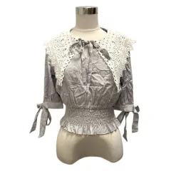 アクシーズファム axes femme シャツ ブラウス ビックカラー レース リボン 半袖 M 青 サックスブルー