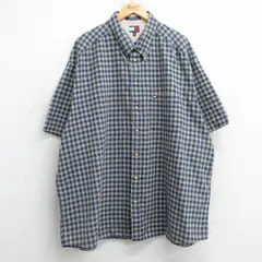 XL/古着 トミーヒルフィガー 半袖 ブランド シャツ メンズ 90s ワンポイントロゴ 大きいサイズ ロング丈 コットン ボタンダウン 紺他 ネイ