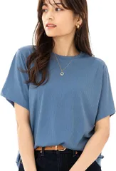 Fiorior 柔らかな着心地 tシャツ リブ レディース 半袖 カットソー カジュアル 無地 クルーネック 丸首 シンプル 夏 ティーシャツ かわいい トップス ストレッチ(ブルー,  XL)