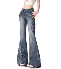 デニムパンツ ブーツカット ワイド 細身 ユニーク 蝶 レディース [1020]