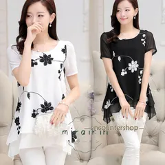 新品 チュニック ブラウス 大きいサイズ レディース 花柄 刺繍 シフォン 半袖 春 夏 白 黒 ゆったり 韓国ファッション ママ お母さん 体型カバー 着痩せ kkkthn