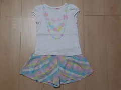 メゾピアノ mezzo piano アウトレット 子供服 女の子 110cm 半袖 Tシャツ 白 キュロット スカート パステル チェック 2点 お花 春 夏 ★3 セットアップ ガールズ 女児 キッズ 【中古】 リサイクル 古着 子ども服