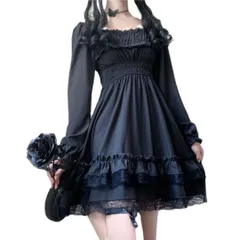 ハロウィン コスプレ ゴスロリ ロリータ 黒 長袖ワンピース ブラック 大きいサイズ L