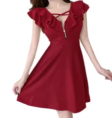 [ALL DAY Shining] ミニドレス ワンピース フロントジップ aライン タイト 半袖 オフショルダー フリル ハイウエスト パーティー イベント キャバ嬢 レディース (JP, アルファベット, M, レッド) [レッド] [M]