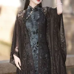 【ブラック再入荷】レース長羽織 和装 羽織物 ボレロ カーディガン ブラック ブラック グレー ホワイト レース ショール 着物 中華服 洋服