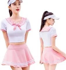 RONGUI 泳げる セーラー服 コスプレ 水着 スクール水着 スク水 女子高生 制服 へそ出し ミニスカート( ピンク)