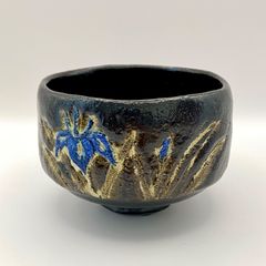 抹茶茶碗 黒楽 あやめ　大野九行　紙箱入　茶道具　茶盌　茶器　未使用品