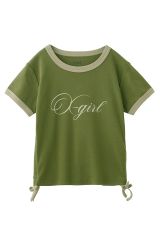 X-girl エックスガール 105252013014 SCRIPT LOGO DRAWSTRING RINGER BABY TEE ベビーTシャツ OLIVE 正規通販 レディース