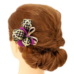 髪飾り 成人式 振袖 前撮り 袴 花 浴衣 夏祭り 花火大会 豪華2点セット 紫 ゴールド 銀 黒 ちりめん 玉飾り 組紐 格子 ヘアア No.9-3680