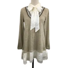 アクシーズファム axes femme セーター ニット カットソー プルオーバー ボウタイ リボン 切替 レイヤード風 レース ナイロン 長袖 M ベージュ 白 ホワイト