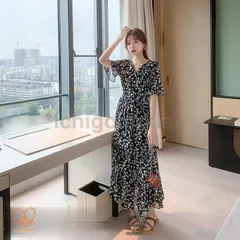 ワンピース レディース マキシワンピース 小花柄 Vネック 半袖 5分袖 サマーワンピース シフォン Aラインワンピース ロング丈 エレガント 【お買い得】ZZ520