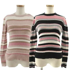 アースミュージック&エコロジー EARTH MUSIC & ECOLOGY ニット 2枚セット 長袖 ラメ ボーダー ピンク オフ白 ブラウン 茶 ゴールド ネイビー 紺 シルバー S