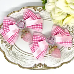 リボン♡ヘアクリップ♡量産型♡地雷系♡チェックピンク・いちごピンク