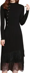 Dep Club 大人可愛い ニットワンピース ロング 長袖 レディース パーティードレス きれいめ タイト レース トップス 上品 清楚 膝下丈 春 秋 冬(ブラック,  Free Size)