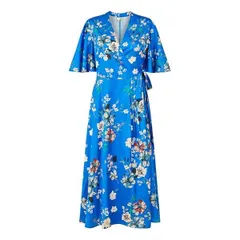 【送料無料】 ユミキム レディース ワンピース トップス Yumi Blue Floral Satin Wrap Dress Blue Satin