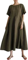 Four leaf ゆったり ワンピース Tシャツワンピース ロングワンピース プリーツ タック ナチュラル 綿 麻 レディース 半袖 体型カバー 無地 シンプル ポケット付き(グリーン,  XL)