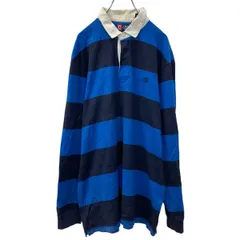 CHAPS 長袖 ラガーシャツ L ブルー ネイビー チャップス ハーフボタン コットン100% 刺繍ロゴ ワンポイント ストライプ 秋物 a710-5258