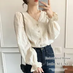 刺繍ブラウストップス 長袖 Vネック 刺繍 レース ナチュラル ガーリー 上品 小顔効果