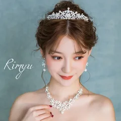 最高品質3点セット ウェディングアクセサリー　ティアラ&ピアス&ネックレス1