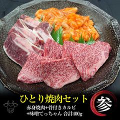 焼肉お一人様セット 【参】 黒毛和牛赤身焼肉 骨付きカルビ テッチャン 400g
