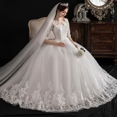 ウェディングドレス 大きいサイズ 白 ホワイト 編み上げ Aライン 姫系 結婚式 パーティー ロング XL XXL 3XL 4XL 5XL 6XL 7XL 8XL 花嫁 披露宴 紐タイプ 前撮り 透け感 レース チュール 袖あり