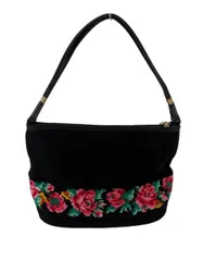 美品 フェイラー ミニバッグ ポーチ ハンドル付き 手付きポーチ ブラック 花柄 シュニエール織り パイル レディース FEILER