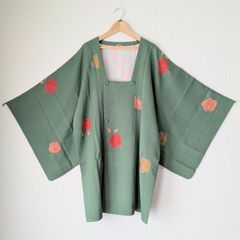 Japanese Haori dress Michiyuki coat Green Camellia pattern Silk Kimono Jacket 長羽織 羽織 正絹 道行コート 緑 椿柄 一点物 大正浪漫 和洋折衷