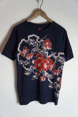 正規 美品 CHIKIRIYA ちきりや 半袖 和柄 花柄 コットン プリント Tシャツ カットソー 日本製 紺 ネイビー M 本物 1020O★2
