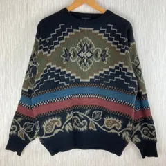 90s vintage ヴィンテージ Johnny Hays ジョニーヘイズ ニット セーター 長袖 古着 メンズ ブラック Mサイズ 総柄 アート系
