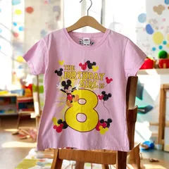 Size130相当　FRUIT OF THE LOOM ミッキー　バースデーＴシャツ　8歳　ベビーピンク