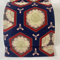 袋帯 秀品 桜 亀甲 箔 紺色 六通 正絹 【中古】
