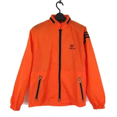 アディダス adidas 80’S 80年代 希少 レア ヴィンテージ ナイロン ジャケット ウインドブレーカー ロゴ 刺繍 デサント社製 レトロ柄 古着 S オレンジ 黒 ブラック ADS-200