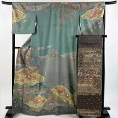 【美品】 訪問着 身丈166.5cm 裄丈67cm M 袷 袋帯セット 扇面 道長取り 金彩 染め分け 灰緑 正絹 名品 【中古】