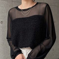 【フォーマルにも】シアー ブラウス シースルーブラウス 透け感トップス シアーシャツ ブラック トップスL チュール生地 Tシャツ 高見え 着やせ お呼ばれ 結婚式お呼ばれ 綺麗めカジュアル ママブラウス ザラ イエナ アローズ