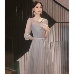 ★ブライズメイド グレー S ドレス 大人 ピアノ 発表会 ミモレドレス ミモレ丈 演奏会 結婚式 袖付き 披露宴 レディース 韓国 イブニングドレス パーティードレス ワンピース 二次会 花嫁 db071n1