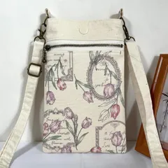 スマホポシェット ピンクチューリップ柄 生成り ショルダーストラップ付き