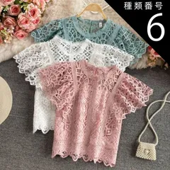 種類6：ブラック/L クロッシェレース モックネック トップス カットソー ニットソー ショート ショート丈 袖あり 半袖 フレンチスリーブ 襟なし レース 刺繍 編み込み 透け感 シースルー かわいい 大人可愛い カジュアル 大人 上品 おしゃれ お洒落 ア