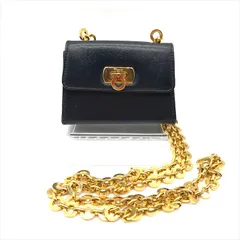 良品 Ferragamo フェラガモ ガンチーニ レザー ミニ ミニ チェーン ショルダー バッグ ポーチ ネイビー a2767