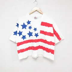 XL/古着 フルーツオブザルーム 半袖 ビンテージ Tシャツ メンズ 90s 星条旗 全面プリント ショート丈 コットン クルーネック 白 ホワイト 2