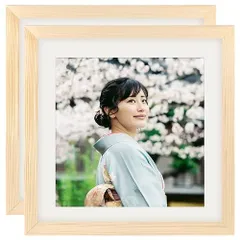 ナチュラル_25角 フォトフレーム 25角 木製額縁 2枚セット ウッドフォトフレーム 写真立て 壁掛け 卓上 両用 マット紙付き プレゼント ナチュラル