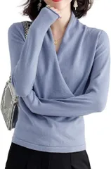 Sleeping Sheep(スリーピング シープ) カシュクール Vネック セーター レディース ニット チュニック丈 トップス 無地 オフィス ゆったり 大きいサイズ 春セーター 春ニット コットンセーター(ブルーグレー,  M)