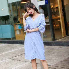 シャツ ストライプ柄 ボリューム袖 ワンピース シンプル【0917】