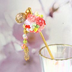 ❁つまみ細工大人かわいいブーケパステルＥかんざし❁ミニボールブーケ・簪・和装髪飾り・和玉かんざし・ボールブーケ・簪・卒業式・入学式・成人式・七五三・着物・和装・浴衣髪飾り・ハンドメイド・ヘアアクセサリー・記念日・行事