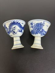 中国古玩 光緒時代青花 染付煎茶南京 新渡 煎茶道具 2客 木製スタンド