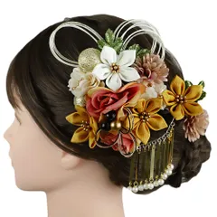 髪飾り 成人式 水引 つまみ細工 菱つまみ ビラ簪 黄色 振袖 前撮り 袴 からし 橙 オレンジ 白 ゴールド 緑 黒 玉飾り 大きい No.9-5346