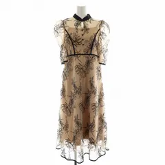 レジャ Leja パイピングハイネック花柄ラメレースドレス フレアワンピース ミモレ ロング シアー シースルー 五分袖 S ベージュ 黒 ブラック LJES322266 /BB