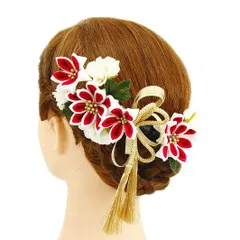 髪飾り 成人式 つまみ細工 赤 振袖 前撮り 袴 浴衣 夏祭り 花火大会 2点セット 白 ちりめん 房付き 組紐 ヘアアクセ かんざし No.9-3316