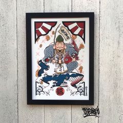 尾九 刺青画 七福神 恵比寿さま 波桜 開運招福 A4サイズ フレーム付き