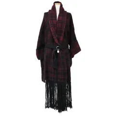 美品 DIESEL ディーゼル コート ジャケット アウター レッド ブラック 黒 XS(7号相当) ロング ニット コーディガン カーディガン ショールカラー ボタンレス チェック フリンジ ウエストベルト イタリア製 【レディース】のサムネイル